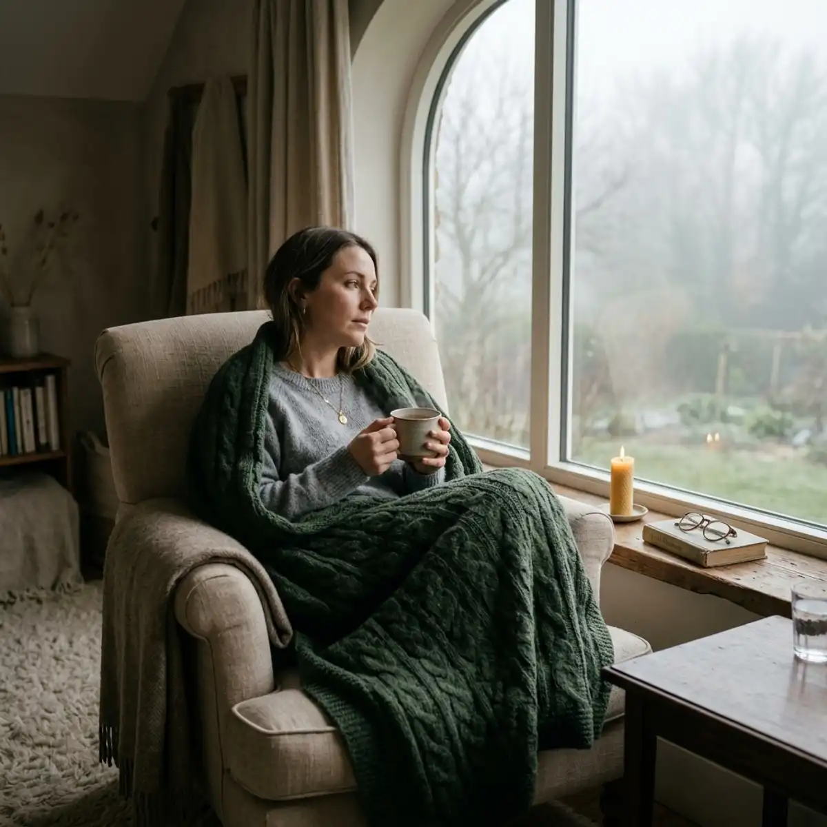 Pencere önünde oturan, yorgun ve düşünceli bir figürü temsil eden profesyonel görsel